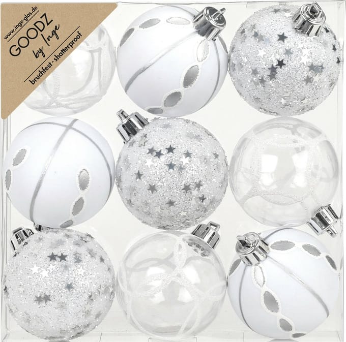 Inge Christmas Goodz luxe kerstballen - 9x - 6 cm - kunststof - zilver/wit