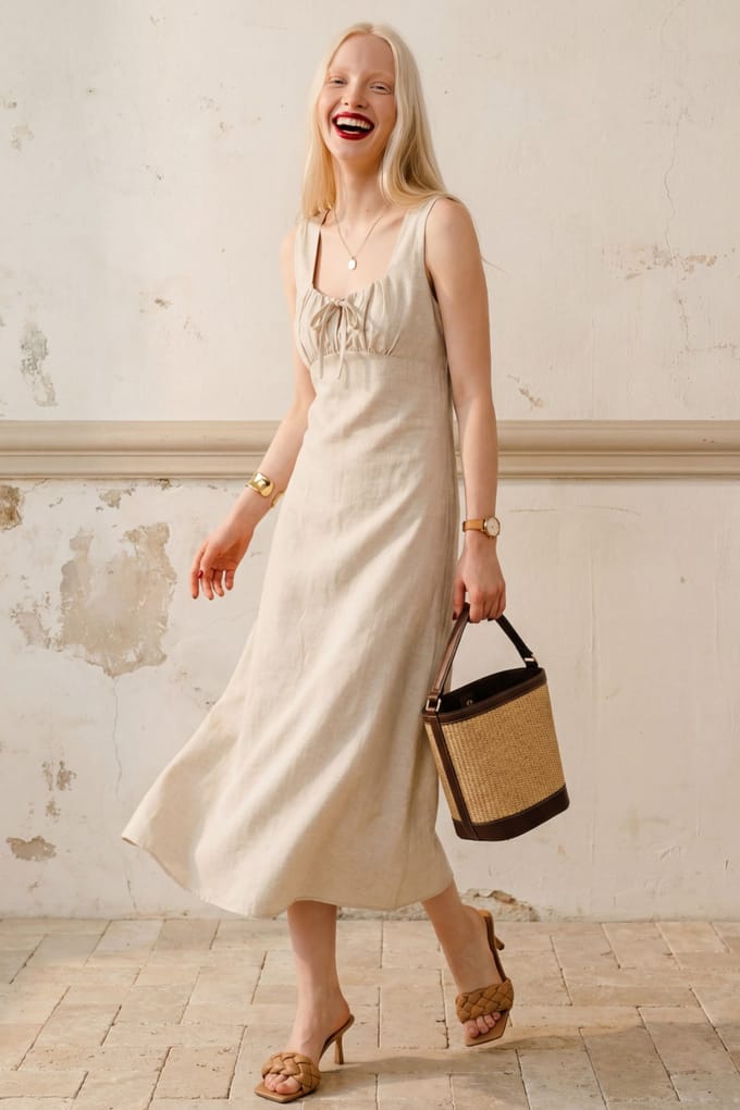 Midi Linnen Jurk met Strikdetail