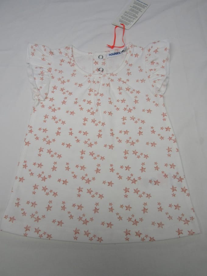 noukie's , meisje, t-shirt met kapmouw , wit met rose sterren , 12 maand 80