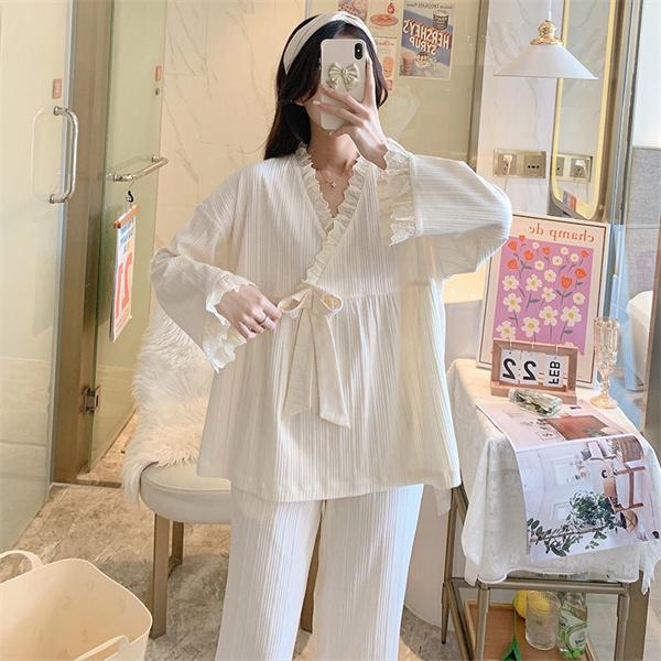 Herfst en Winter Dames Pyjama's Effen Kleur Pyjama's Dames Pyjama's Huiskleding Huiskleding 4XL wit