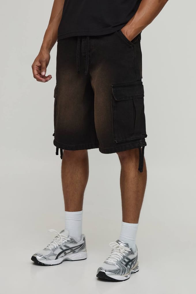 Baggy Applique Cargo Denim Shorts | Dark Brown | Size 44