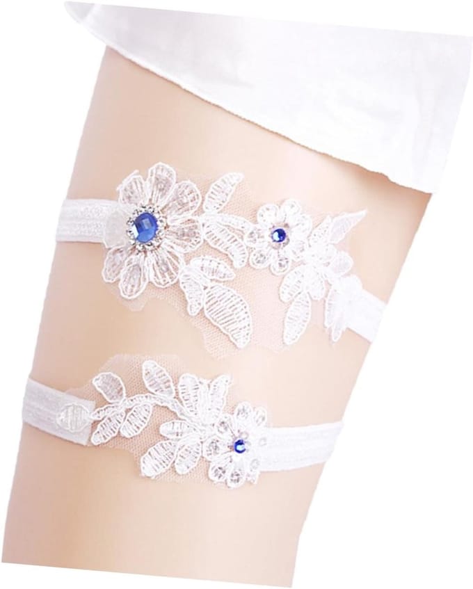 Bruidskousenband Set - Bruidsaccessoire - Bruiloft Decoratie - Kant met Strass - 2 Stuks - Wit