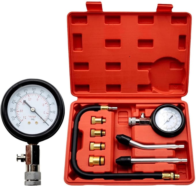 Compressietester Motor - Oliedrukmeter Diesel - Motor Diagnose - 4 Adapters Inclusief - 0-300 PSI - Rood