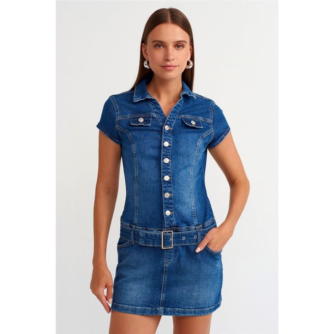 Gestrikt Denim Mini Jurk