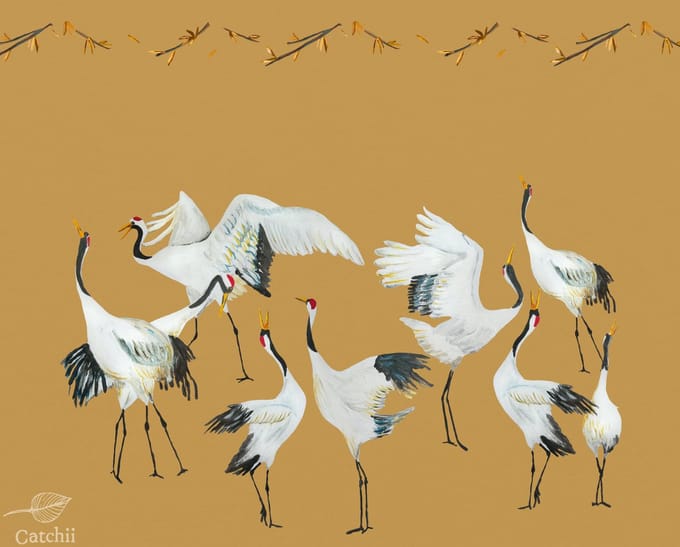Behang staal Japanese Crane Dance okergeel