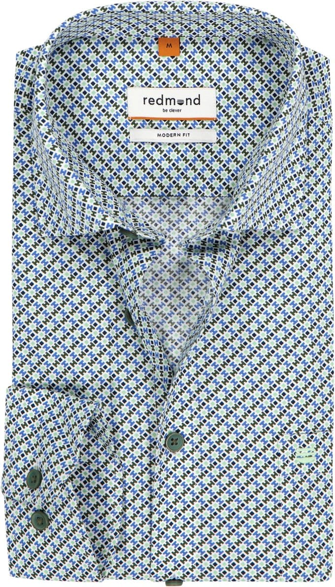 Redmond modern fit overhemd - popeline - blauw met groen en wit dessin