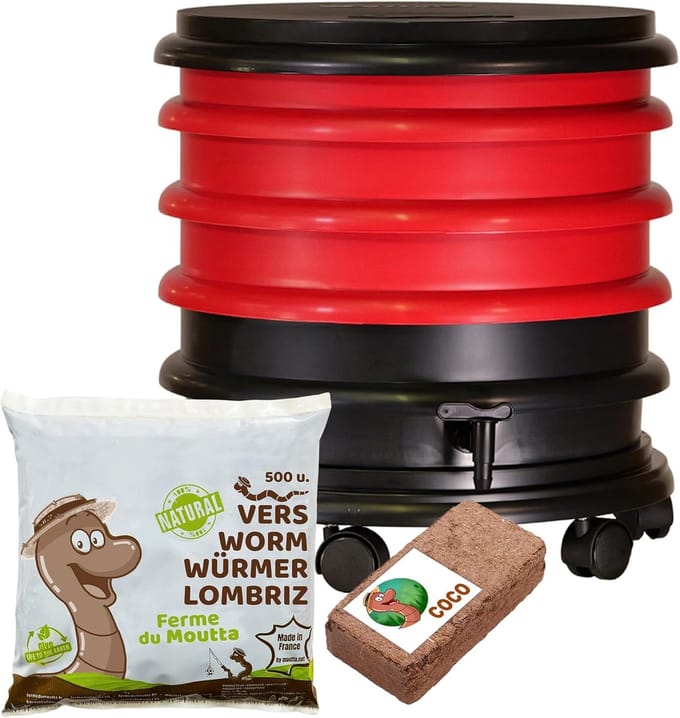 Wormenbak Compostbak - Voedselresten Verwerker - Organisch Afval Verwerken - Drie Laags Systeem - 47x47x49 cm - Rood