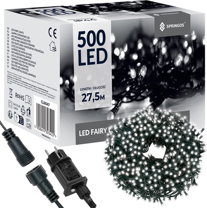 Springos Kerstverlichting | 27,5 m | 500 LED | Koud Wit | 8 Lichtfuncties