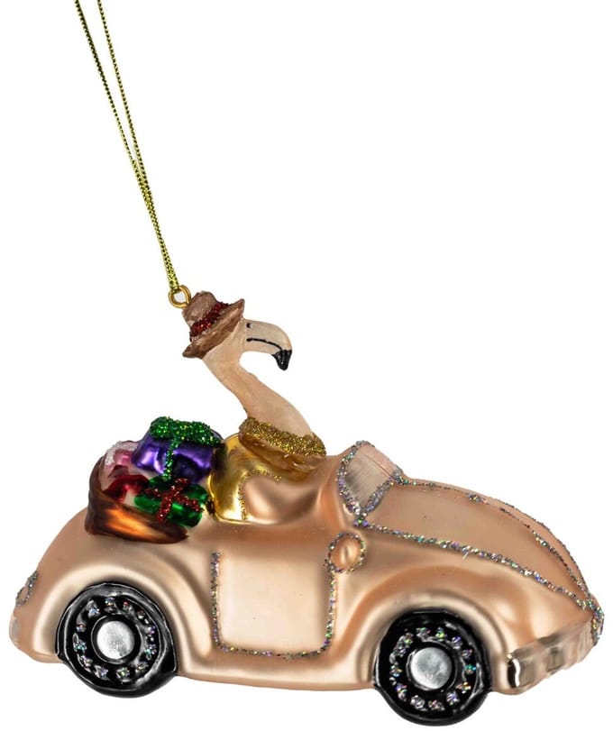 Kerstbal auto met flamingo