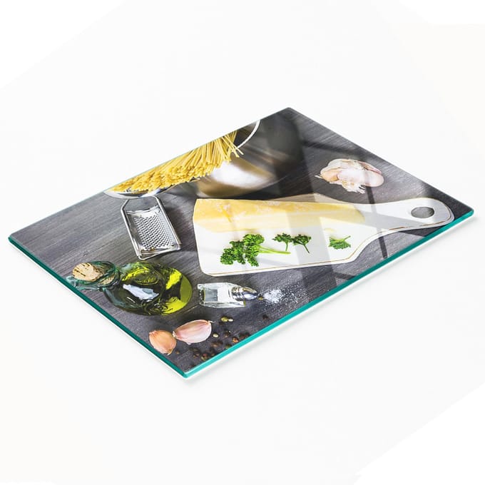 Keukenplank van gehard glas met afbeelding van pasta en knoflook, 80x52 cm