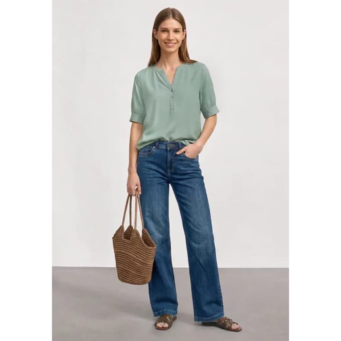 Blouse met korte mouwen, split in de hals en elastische zoom