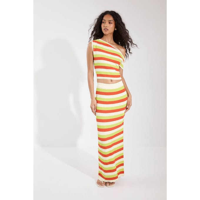 boohoo Dames Gebreide Asymmetrische Schouder Top En Maxi Rok Co-ord | Maat: Medium