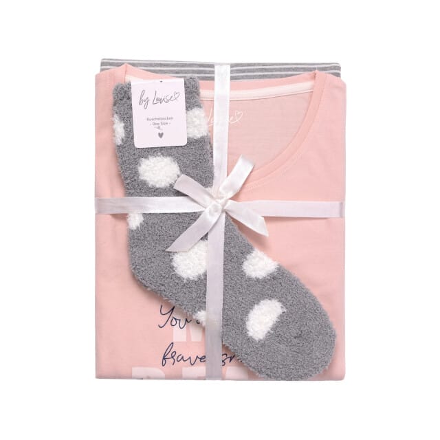 By Louise Dames Pyjama Set Lang Katoen Roze / Grijs Gestreept - Maat S