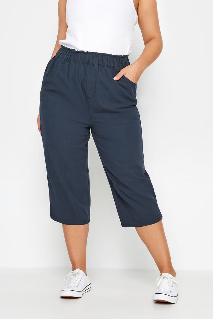 Yours Cropped Broek Van Katoen Met Elastische Taille In Donkerblauw Size 44