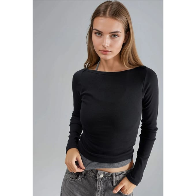 Slim Fit Geribbelde Boothals Blouse