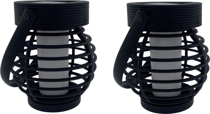 Benson Solar lantaarn tuinlamp - 2x - zwart - LED flame effect - oplaadbaar - D9 x H10,8 cm