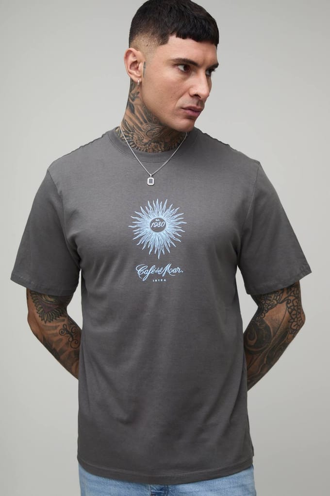 Lang Oversized Cafe Del Mar Palmboom Licentie Print T-shirt | Charcoal | Size Large