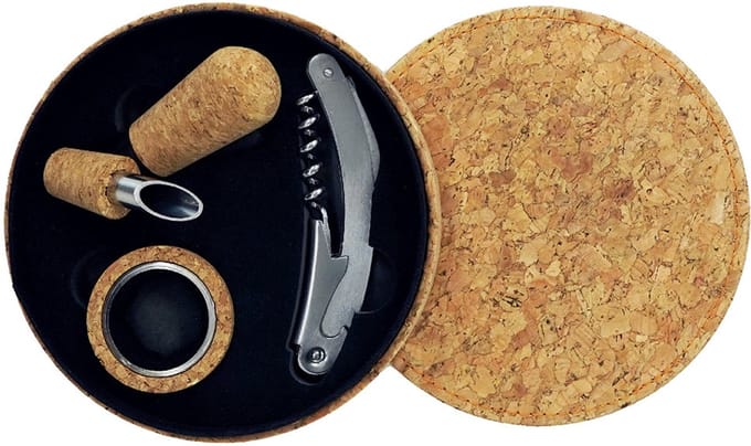 Cadeau set accessoires voor wijnfles 3-delig met kurken doos Fackelmann Gift