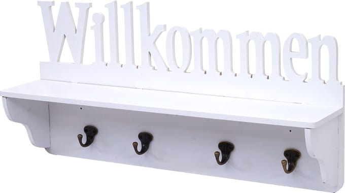 Wandkapstok MCW-D41 Welkom, kapstok plank, 4 haken solide 30x60x13cm ~ wit