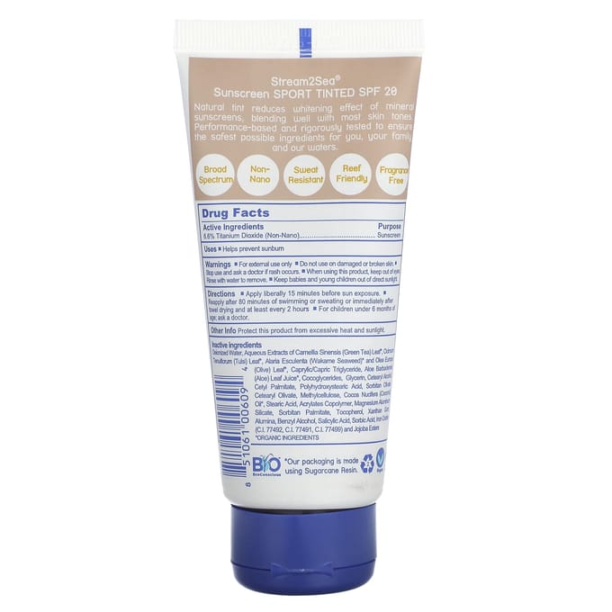 Stream2Sea, Crème solaire teintée, Sport, FPS 20, Neutre, Sans parfum, 3 fl oz (90ml) white