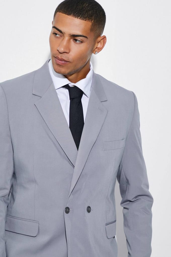 Relaxed Fit Double Breasted Suit Jacket | Grey | Size 48