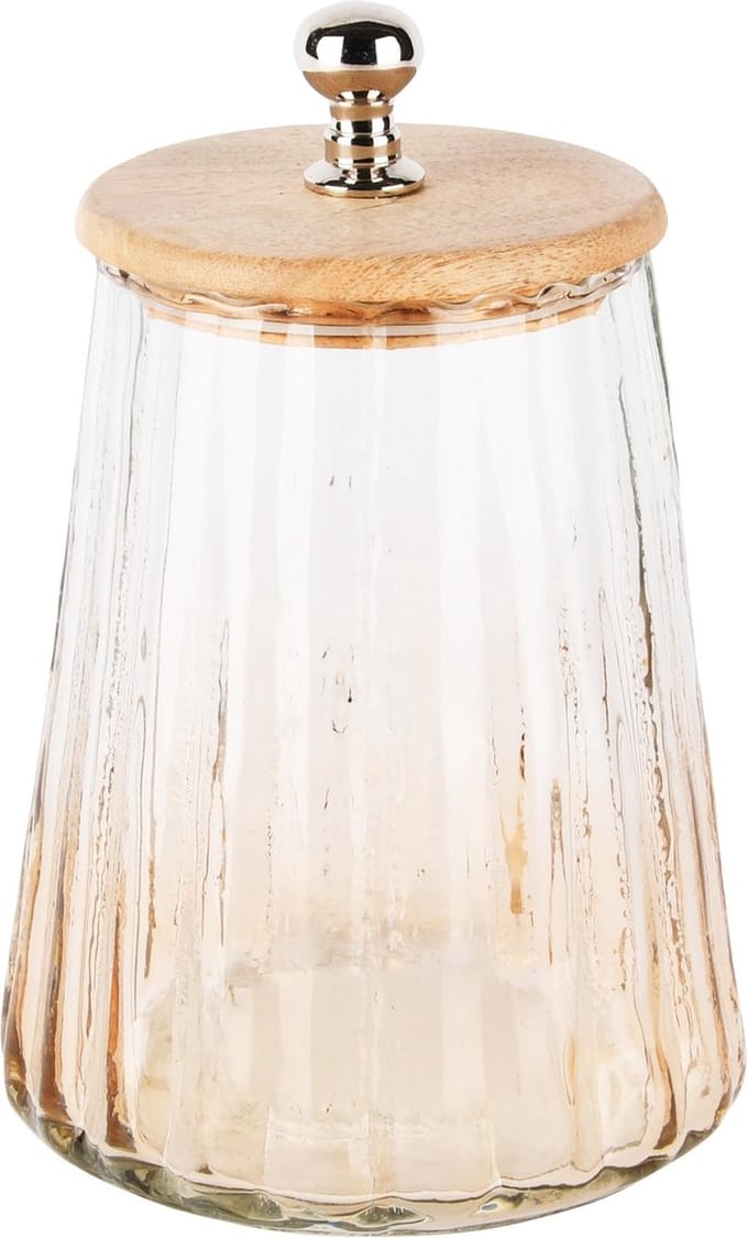 Dekoratief | Bewaarpot m/ribbels, transparant, glas/hout, 13x13x20cm | A248488