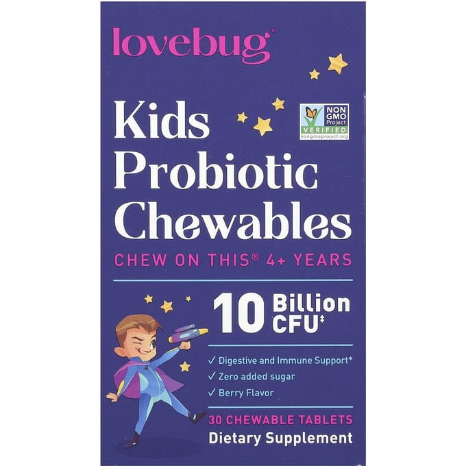 LoveBug Probiotics, probiotique pour enfants, pour les 4 ans et plus, saveur baie, 10 milliards d'UFC, 30 comprimés à croquer