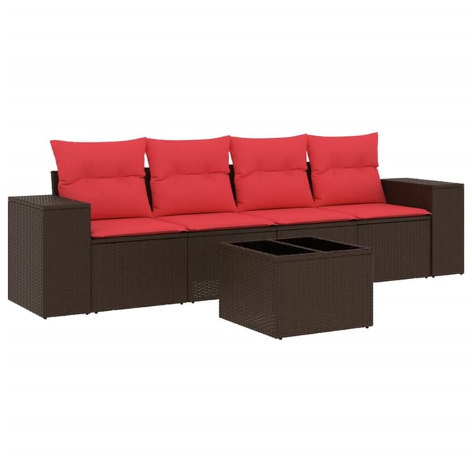 vidaXL - 5-delige - tuinbankset - met - kussens, - bruin - polyrotan