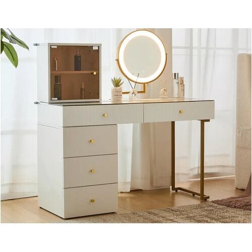ModernLuxe Kaptafel met spiegel en LED - 5 laden en een glazen display - Wit (kruk niet inbegrepen)