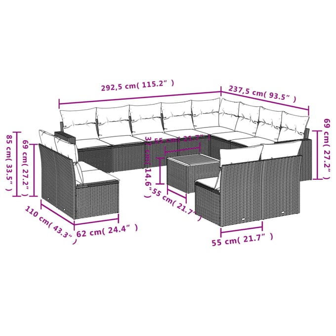 vidaXL - 13-delige - Loungeset - met - kussens - poly - rattan - beige