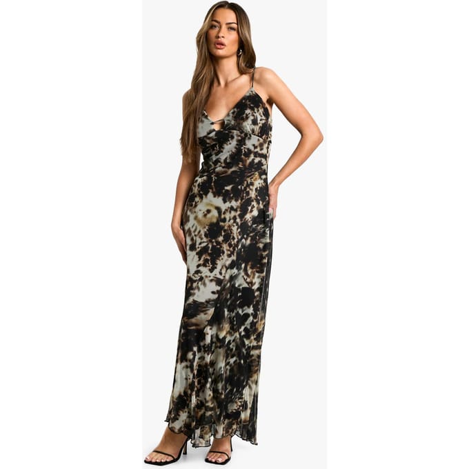 boohoo Dames Smudge Print Strappy Mesh Maxi Dress | Khaki | Maat: 8
