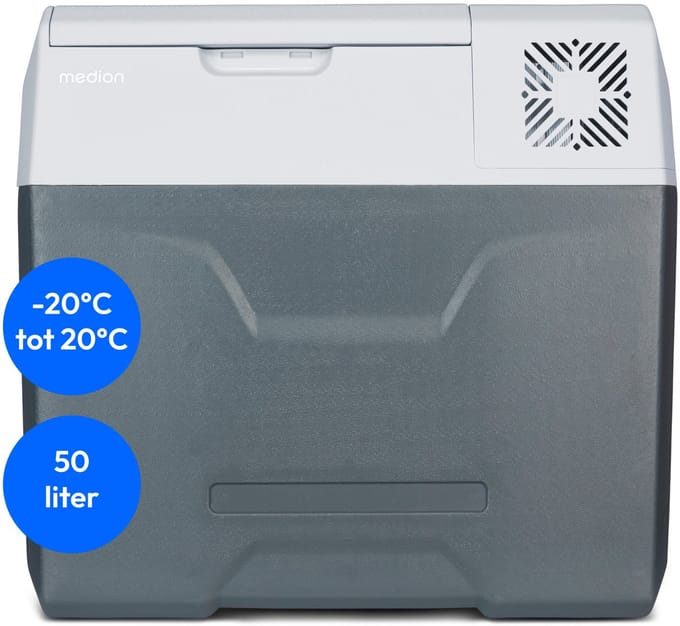 MEDION mobiele koelbox met compressor (elektrisch, 47 liter opslagcapaciteit, 60 watt, -20°C tot 20°C, LED display, USB, 230V 12V 24V autoadapter, voor auto, vrachtwagen, camper, camping MD13112)