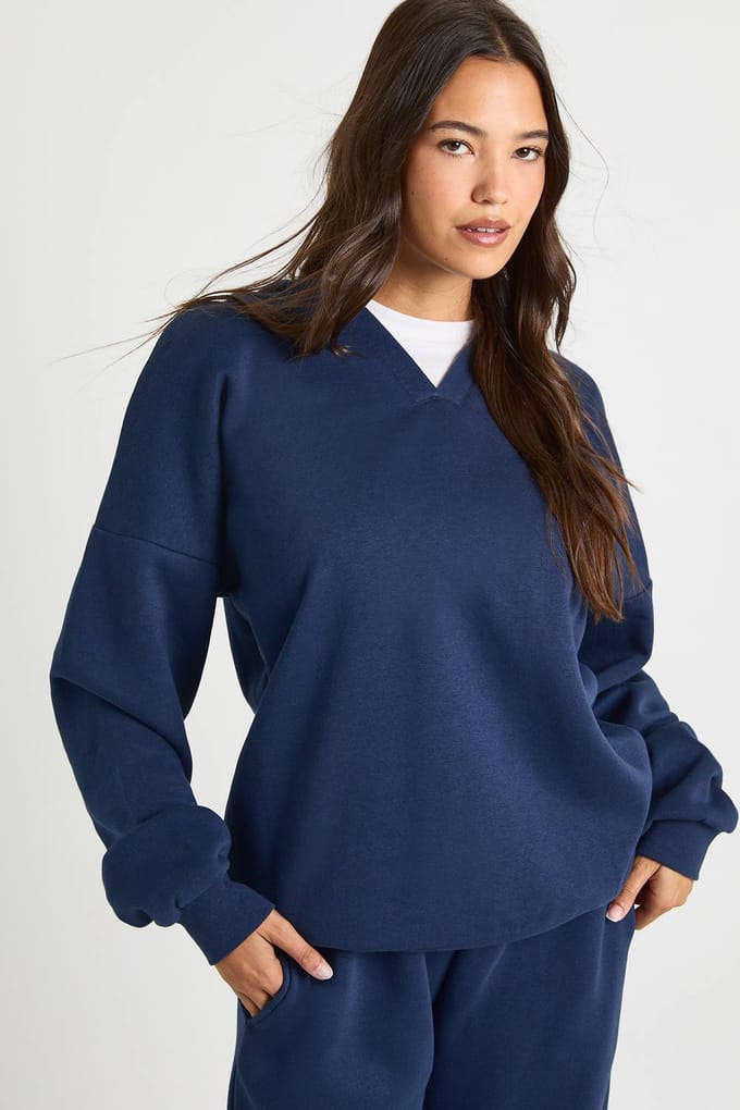 boohoo Dames V-hals oversized capuchon trainingspak met rechte pijpen | Navy | Maat: Small