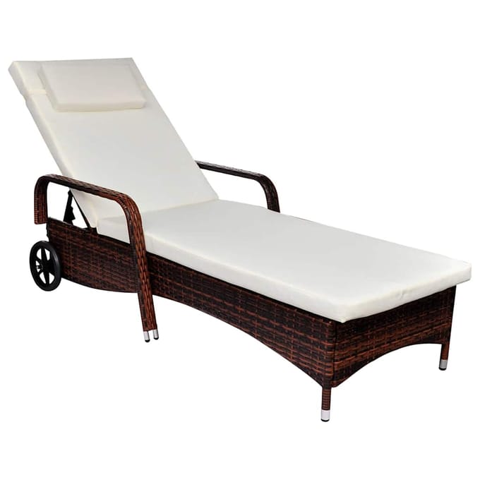 vidaXL - Ligbed - met - kussen - en - wieltjes - poly - rattan - bruin