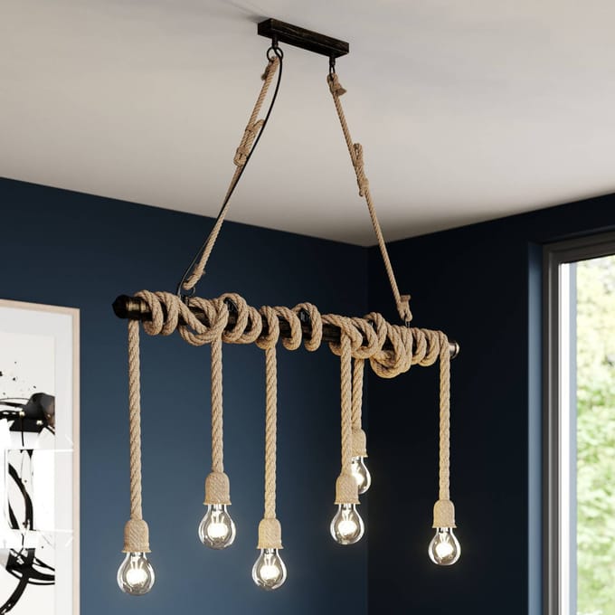 Lindby hanglamp Hajo, 100 cm, 6-lamps, touwpendel