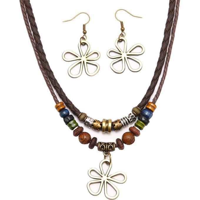 Trendy Persoonlijkheid Boheemse Kralen Wax Touw Ketting Trui Ketting Mode Oorbellen Ketting Set black