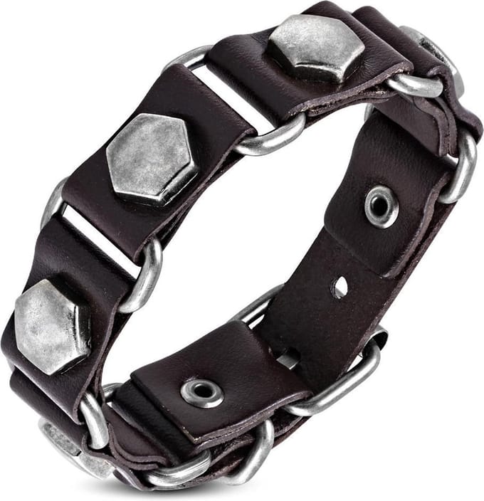 Amanto Armband Farid B - Leer - Studs - 20mm - Aanpasbaar (max.22cm)