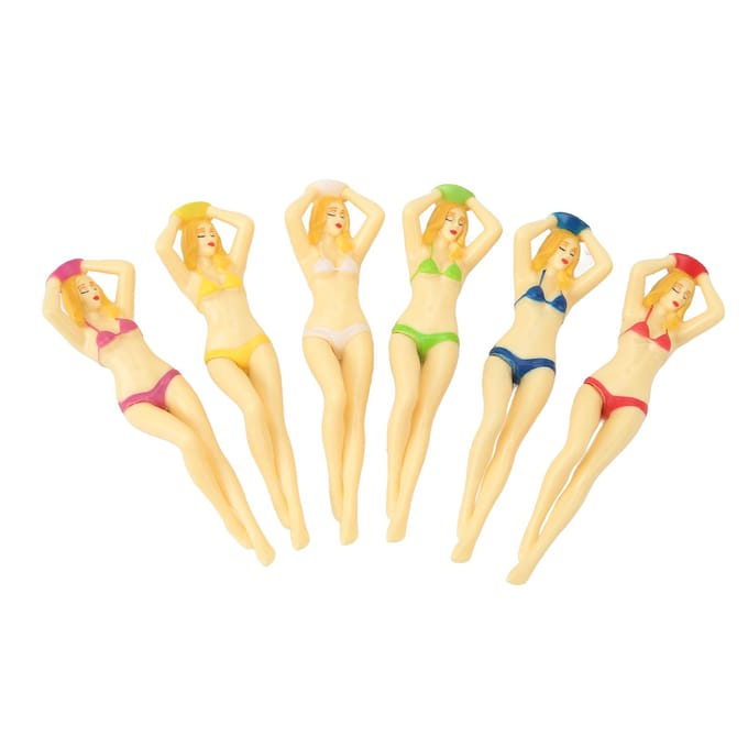 Lot de 6 tees de golf amusants en plastique pour femme, bikini, accessoires d'entraînement de golf, rouge et blanc beige