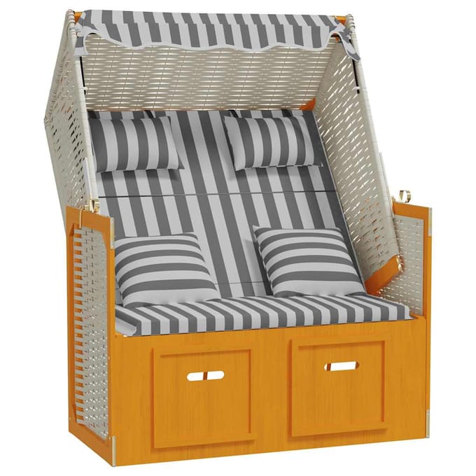 vidaXL - Strandstoel - met - kussens - poly - rattan - en - hout - wit - en - grijs