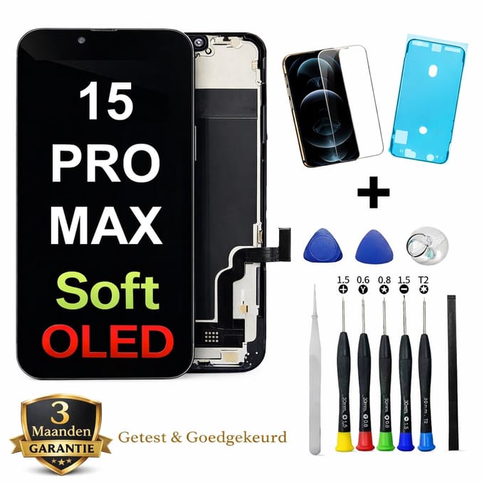 iPhone 15 Pro Max OLED Scherm Vervanging – Premium Soft OLED Display – Inclusief Complete Reparatieset, Gereedschap, Screenprotector en Plakstrip