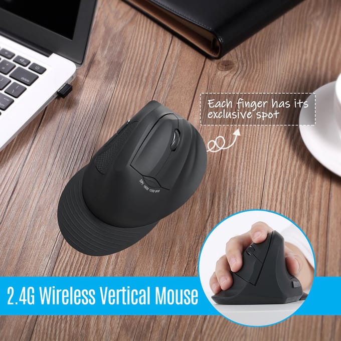 Souris optique sans fil 2.4G, verticale, 6 touches, ergonomique, pour bureau, avec 3 vitesses DPI réglables noir