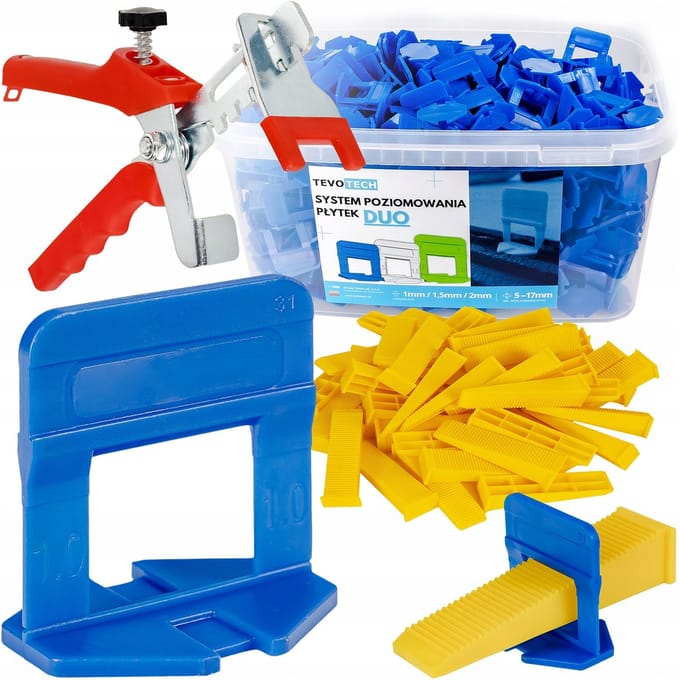 Tevotech Duo Tegel Leveling Systeem: 500 Clips 1.0mm, 100 Wiggen & Tang