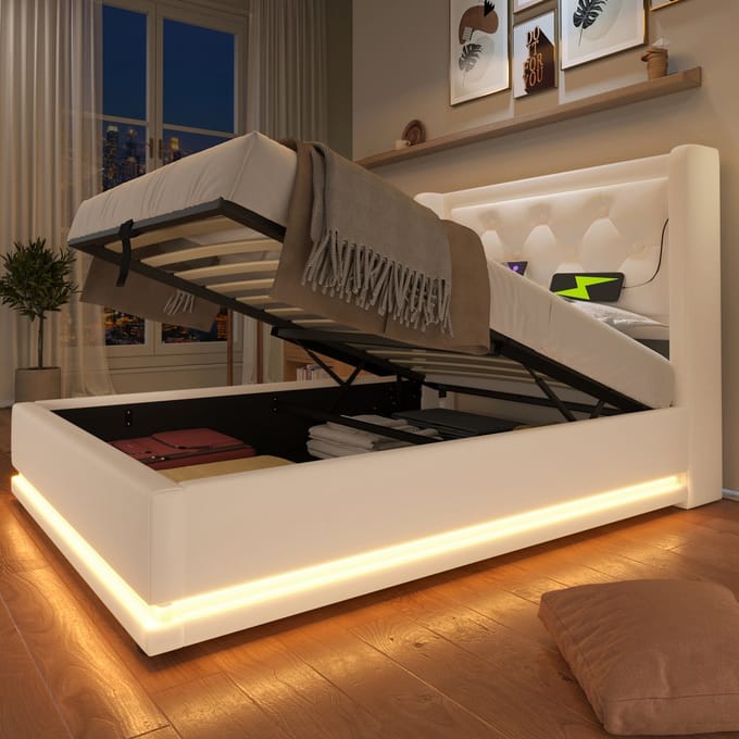 REDOM Opbergbed 100x210x101 cm van PU, hydraulisch liftsysteem met USB/Type-C en LED