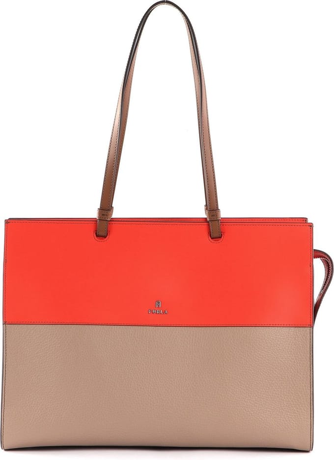 FURLA Leren Schoudertas Varsity Tote E / W Greige + Spritz + Cognac h Lichtbruin
