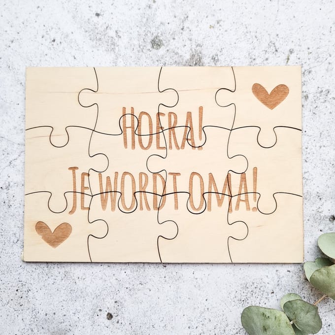 Hoera! Je wordt oma! | Houten puzzel A5 | Zwangerschapsaankondiging