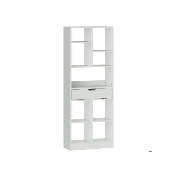 Bibliothèque - MUVOE - 9 étagères - 1 tiroir - 60 x 26 x 158 cm - Blanc blanc