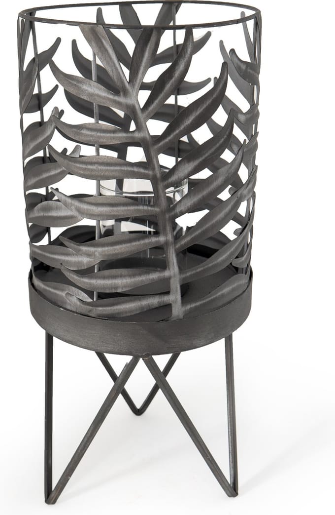 Home Society - Windlicht - antracietgrijs metaal met blad design - 44 cm