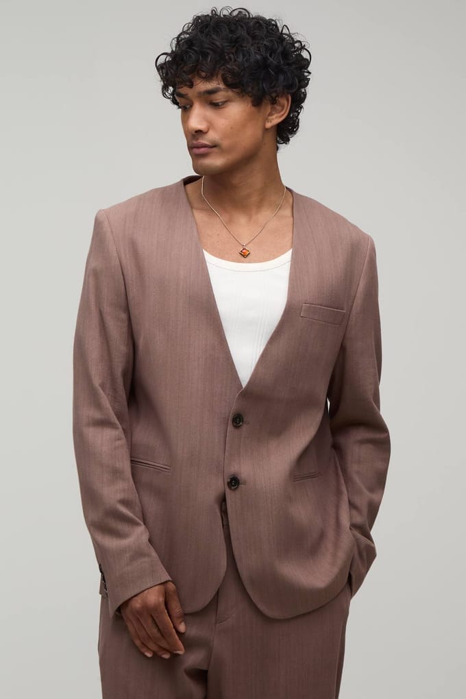 Linnen-look Relaxed Fit Blazer Zonder Kraag | Chocolate | Size 42