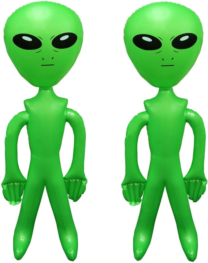 Opblaasbare groene alien figuur - 2x - 170 cm - uit space/de ruimte - buitenaards leven/wezen poppen