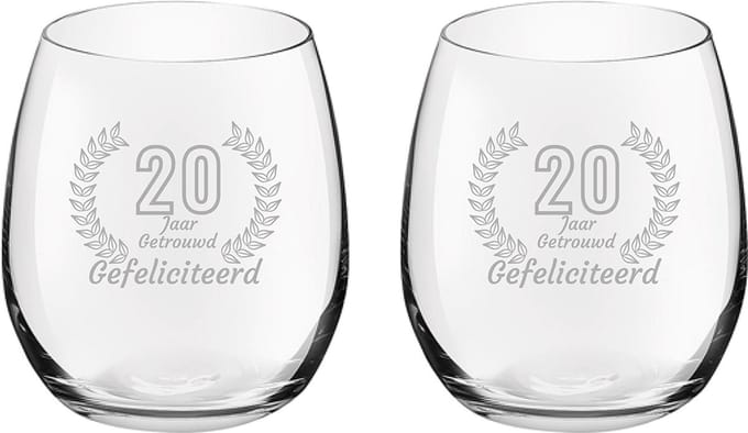 Gegraveerde set Drinkglazen 39cl Gefeliciteerd 20 jaar getrouwd